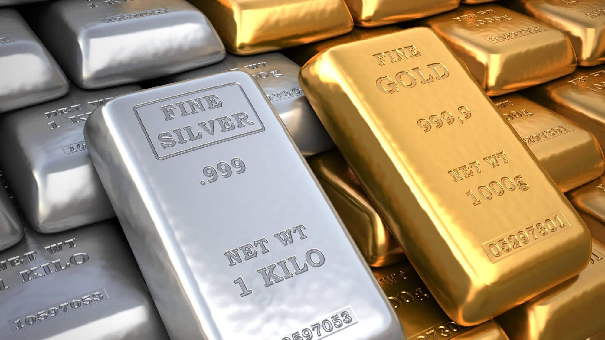 Silver ingot and gold bullion. Finance illustration