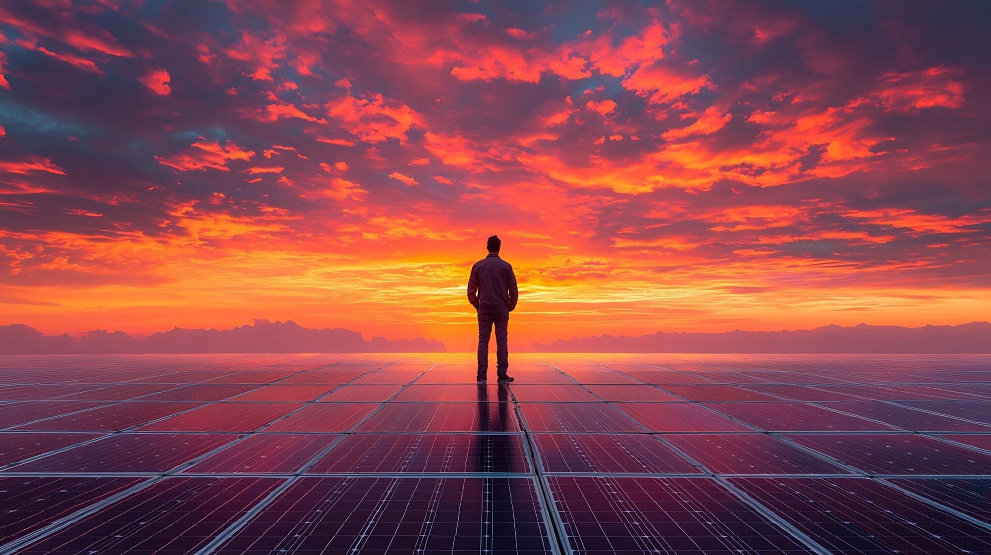 Man on solar panels watching fiery sunset, renewable energy future